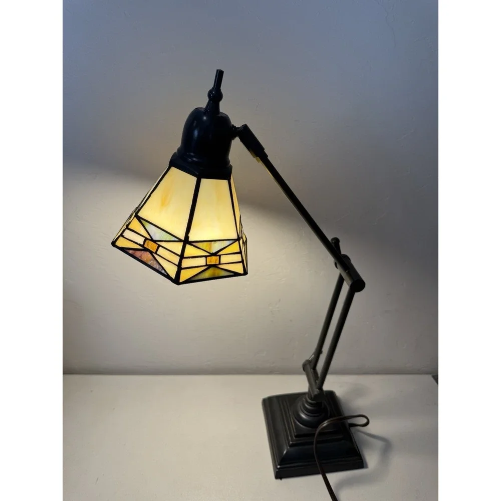 Dale Tiffany Mission Bank Table Lamp Adjustable Desk Light Stained Glass Bronze